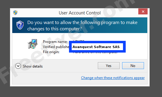 Screenshot where Avanquest Software SAS appears as the verified publisher in the UAC dialog